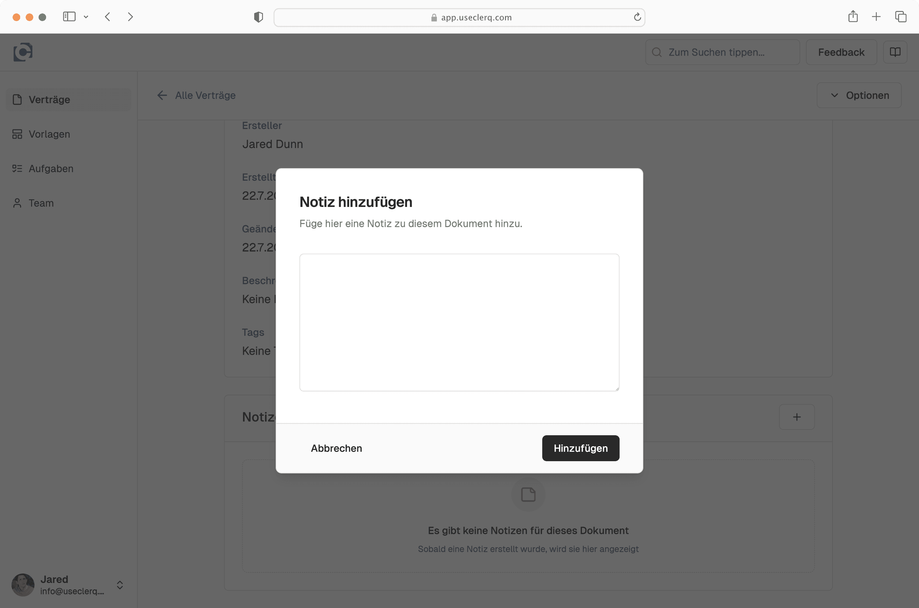 Interne Notizenfunktion in der Clerq Vertragsübersicht zur besseren Zusammenarbeit im Team