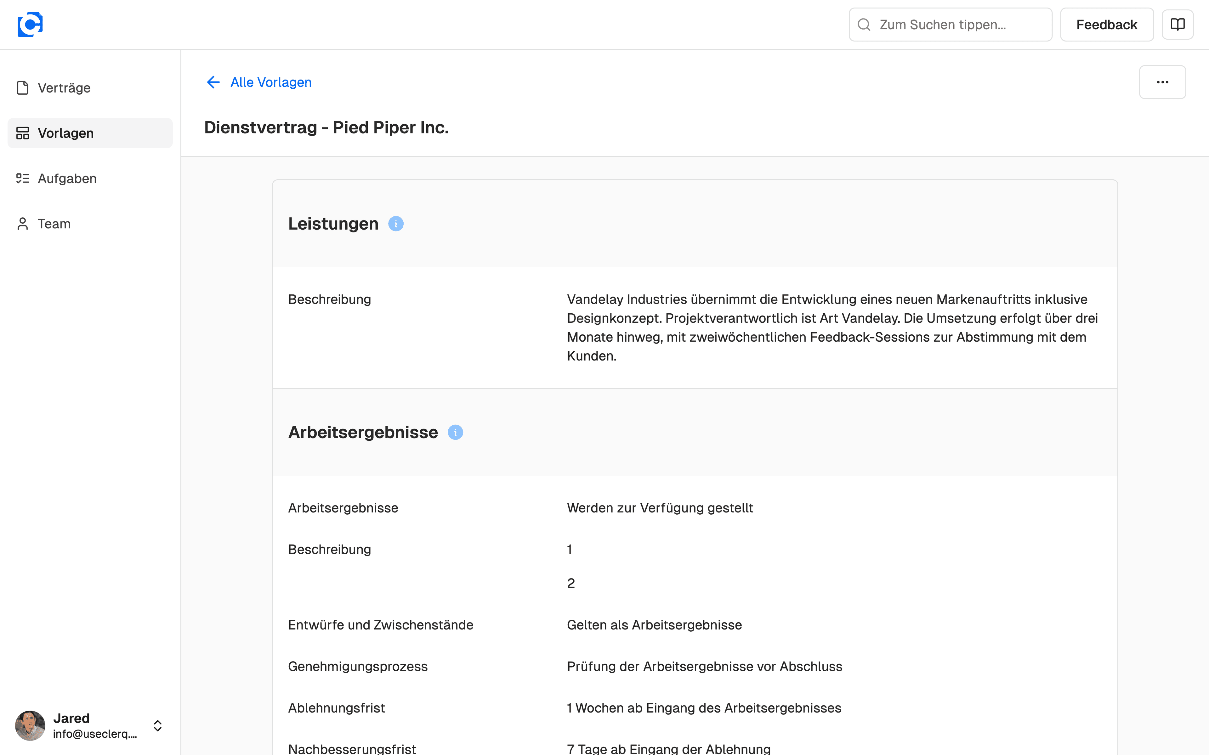 Vorschau der Vertragsvorlage für einen Dienstvertrag in Clerq zur rechtssicheren Beauftragung externer Dienstleister oder selbstständiger Personen