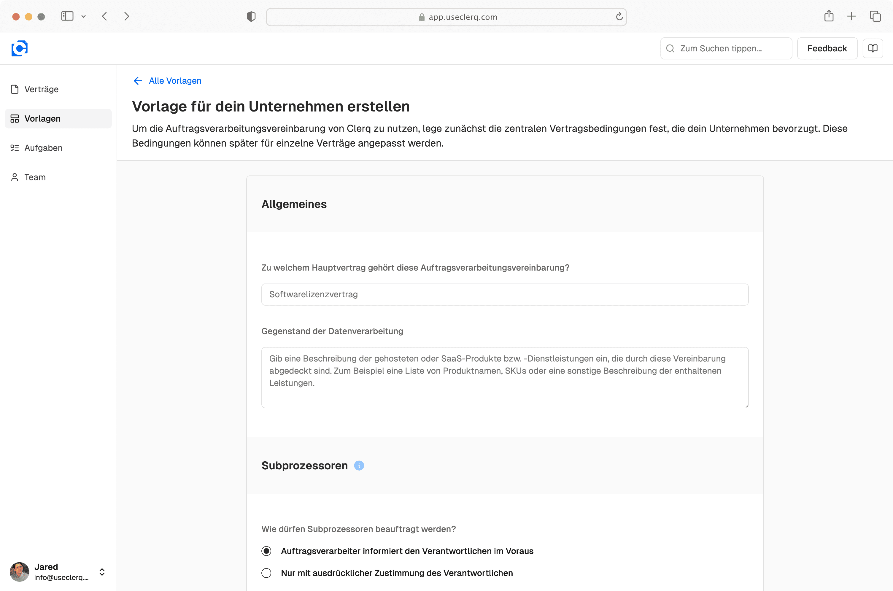 Vorschau der DSGVO-konformen Auftragsverarbeitungsvertrag-Vorlage (AVV) in Clerq zur Regelung der Datenverarbeitung im Auftrag gemäß Art. 28 DSGVO