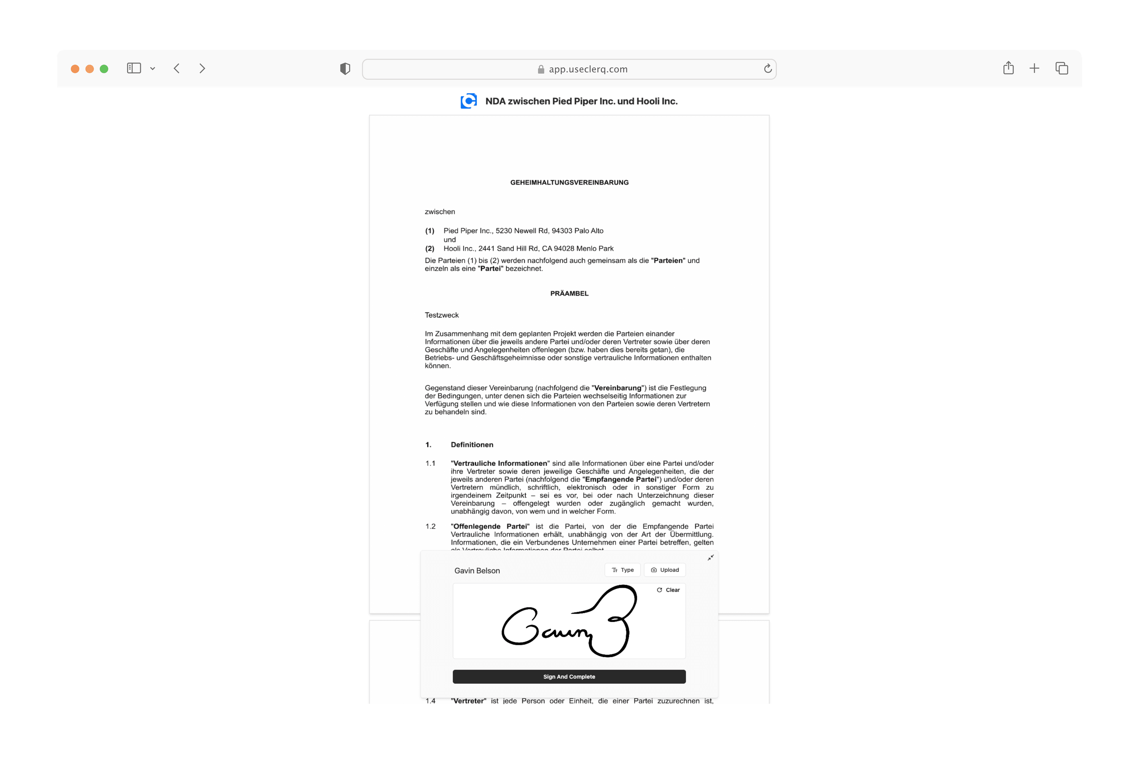 Benutzeroberfläche der Clerq App mit integrierter elektronischer Signatur für digitale Vertragsprüfung und -unterzeichnung