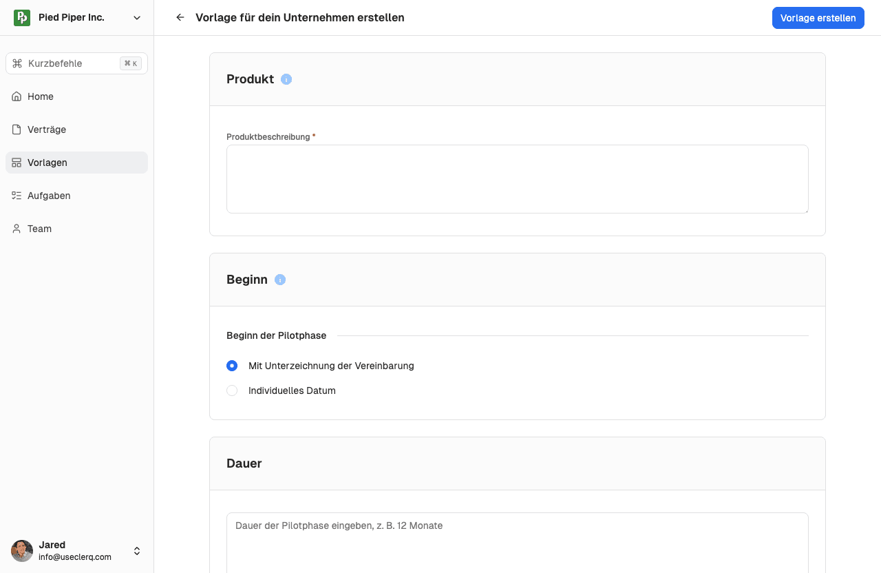 Vorschau der Vertragsvorlage für eine Pilotkundenvereinbarung in Zircolo zur rechtssicheren Testphase von cloudbasierter Software für Geschäftskunden