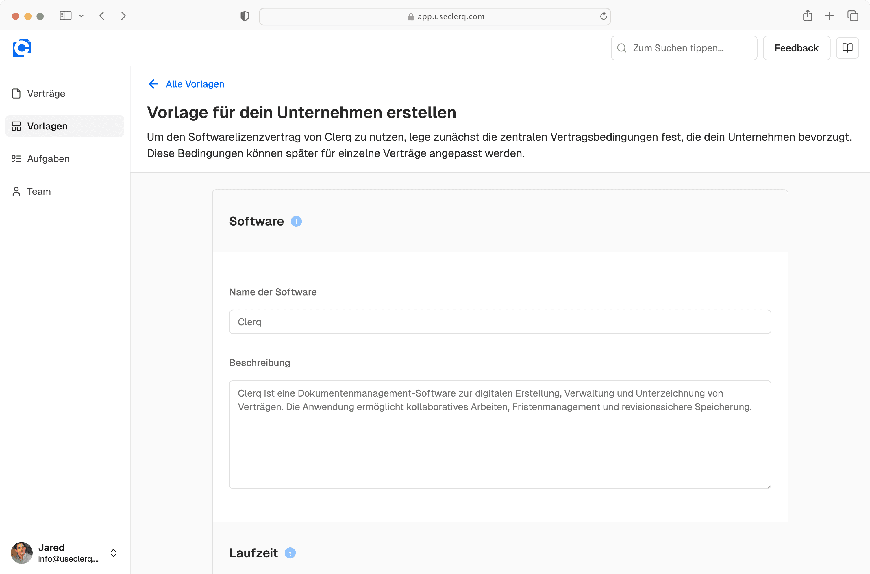 Vertragsvorlage des Clerq Softwarelizenzvertrags für B2B-Softwareprodukte mit lokalem Hosting, On-Premise-Installation oder BYOC-Modell
