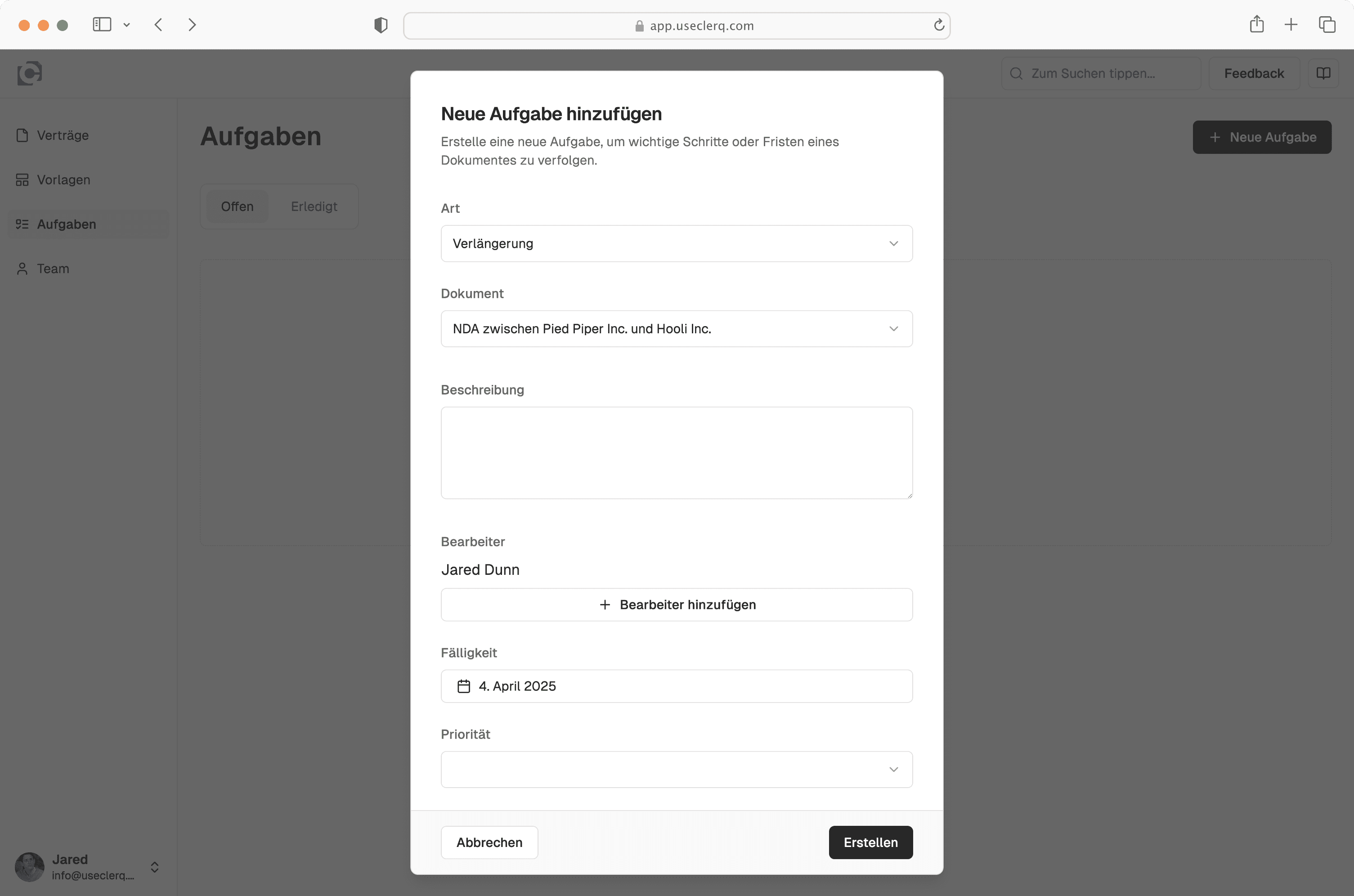 Benutzeroberfläche der Clerq App mit integriertem Aufgaben-Feature zur Verwaltung von Fristen, Deadlines und Aufgaben