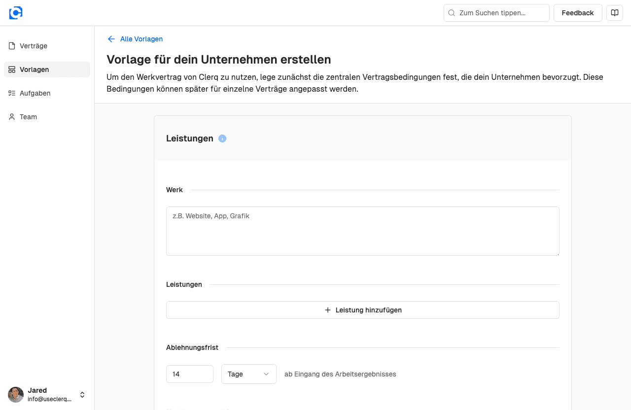 Vorschau der Vertragsvorlage für einen Werkvertrag in Clerq zur rechtssicheren Beauftragung externer Dienstleister oder selbstständiger Personen